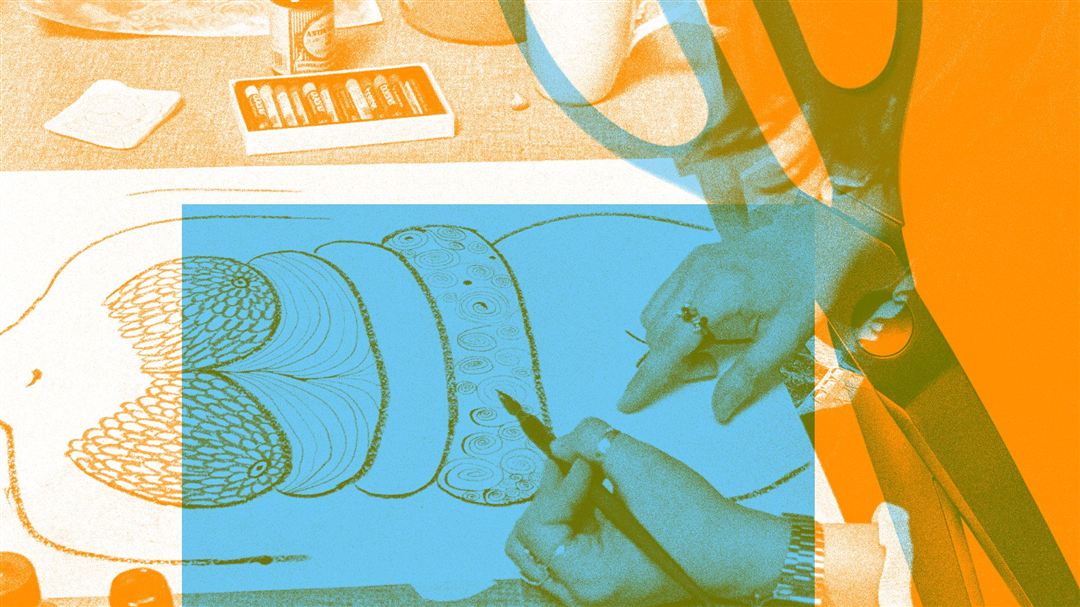 Grafik in den Farben Orange und Blau zeigt Hand, die Bild zeichnet, daneben weitere Kunstmaterialien und eine Schere.