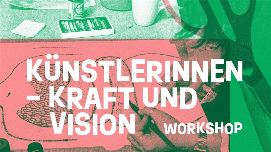 Grafik in grün und rosa zeigt einen Tisch mit Bild, Kunstmaterialien und Schere.